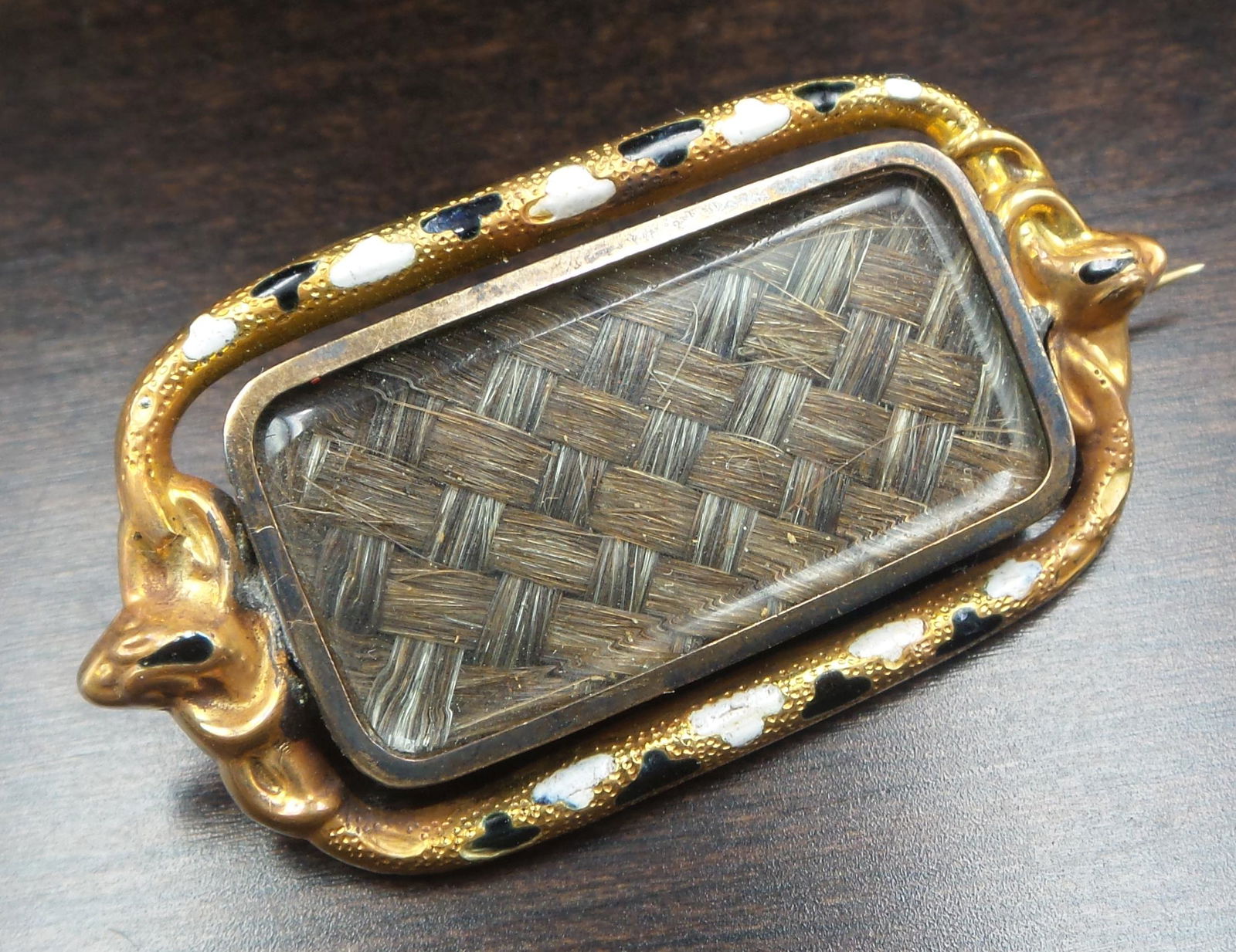 Antique 19th Century 18K Gold, Enamel & Human Hair Mourning Brooch (1 of 10)