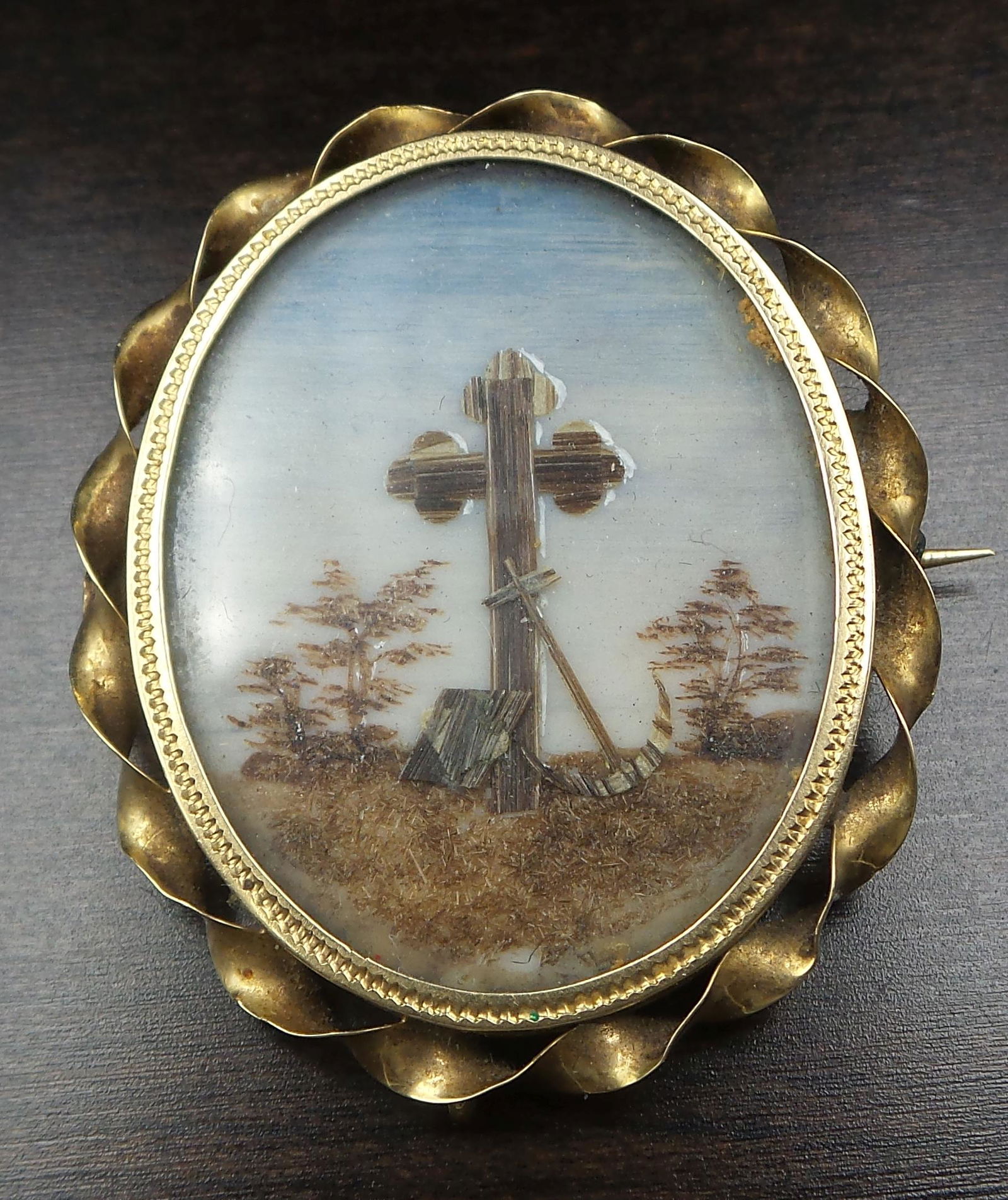 Antique 19th Century 14K Gold, Enamel & Human Hair Mourning Brooch (1 of 6)