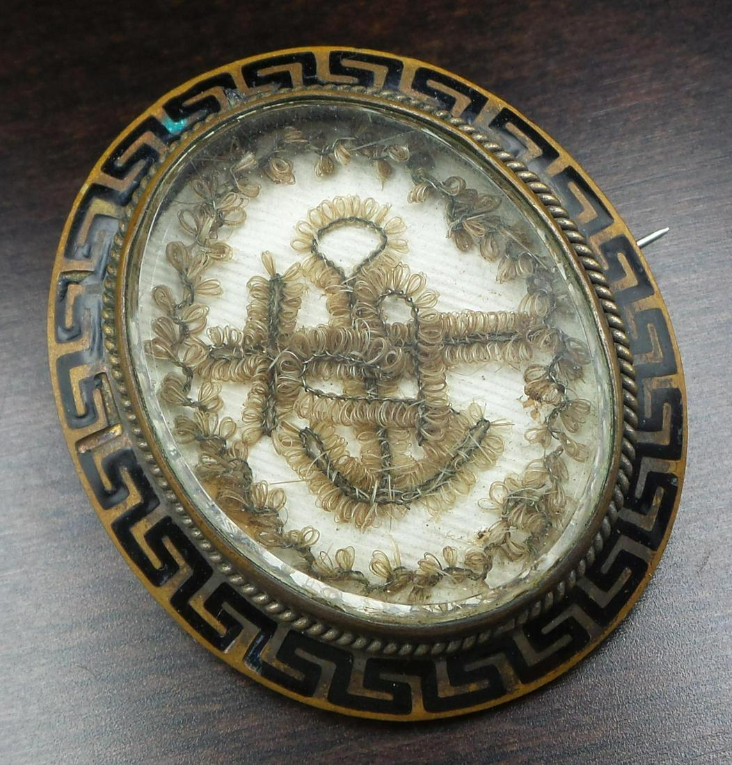 Antique 19th Century Goldplated Metal, Enamel & Human Hair Mourning Brooch (1 of 8)