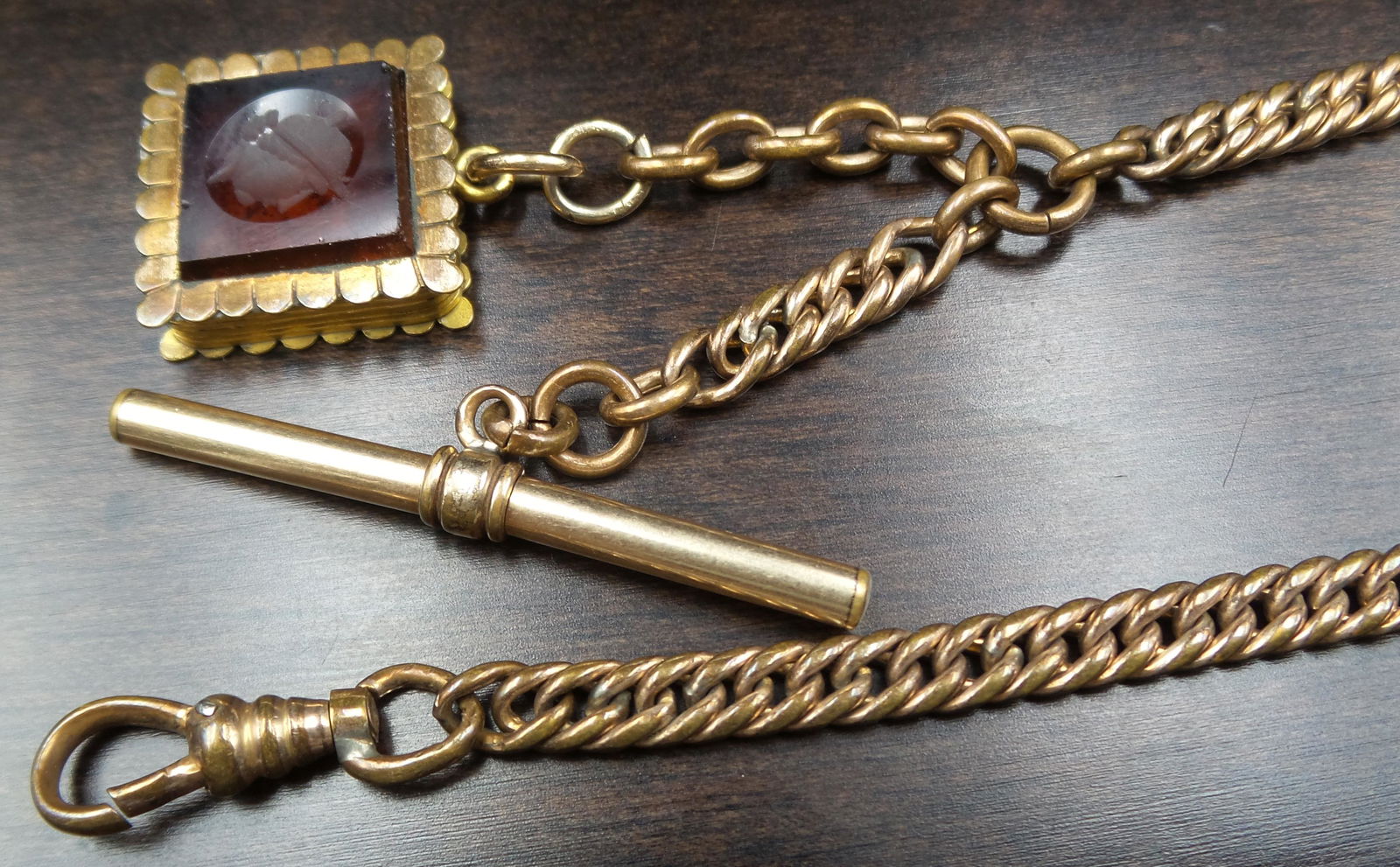 Antique ca. 1900 Gold Filled Pocket Watch Chain /w Bloodstone Intaglio Fob (1 of 8)