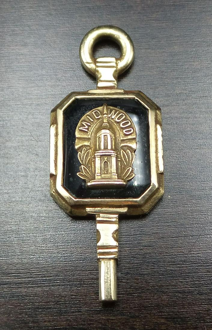 Vintage 10K Gold & Onyx MIDWOOD Highschool New York Fob/Pendant: Very good vintage condition. Measures approx. 1 5/16" long and weighs ca. 3.6 grams.