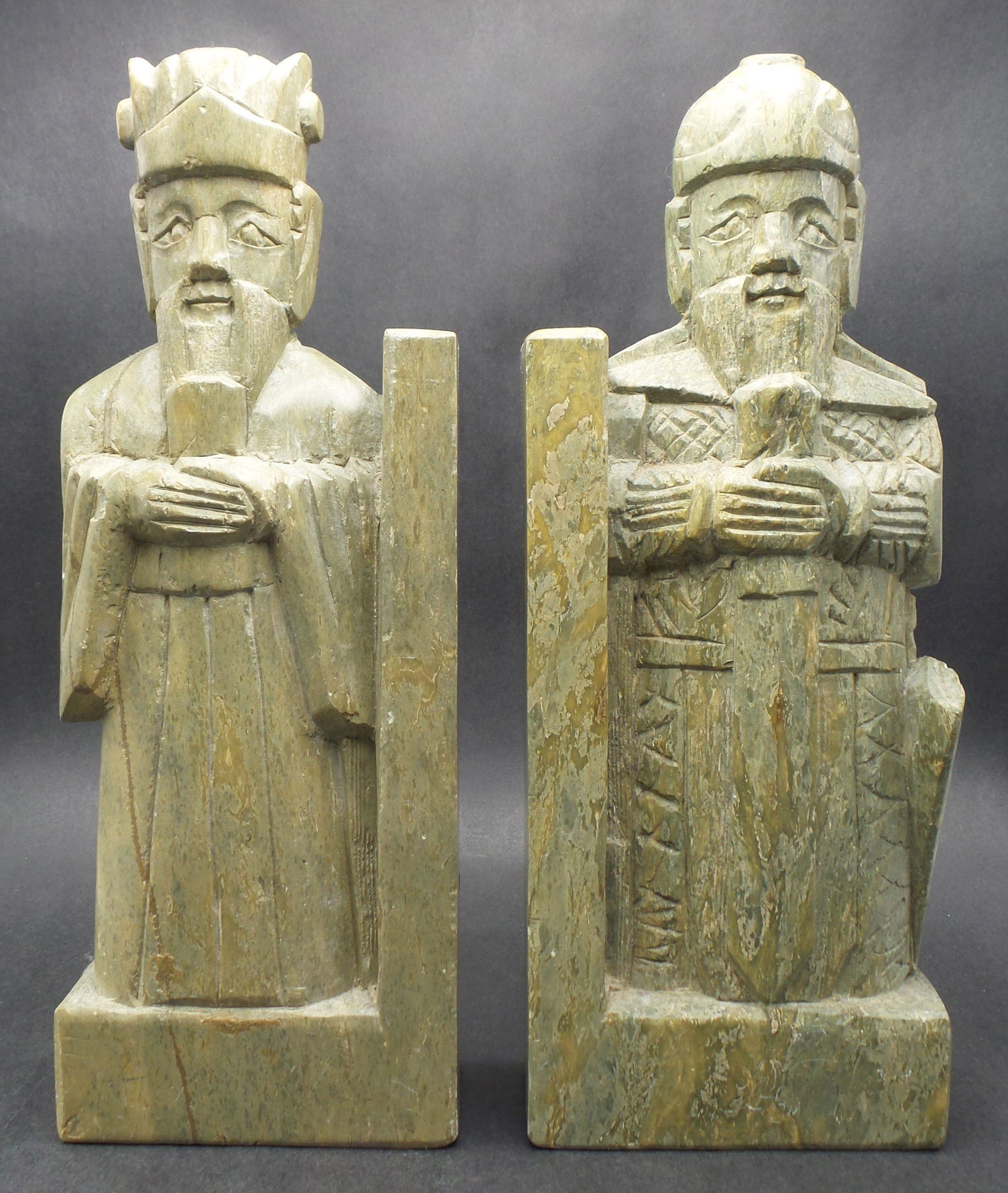 Pair of Hand Carved Lord of the Rings Style Stone Bookends: Very good vintage condition. No chips, cracks, or repairs. Each measures approx. 10" high x 3 5/8" wide.