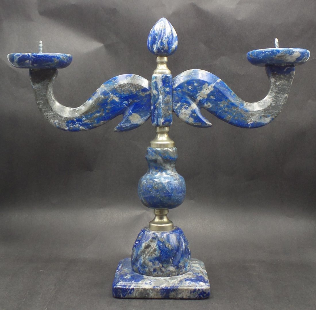 Vintage ca. 1970 MORITA GIL Chile Hand Carved Solid Lapis Lazuli Candle Holder: Incredible piece by famous Chilean designer Morita Gil. Measures approx. 10" high x 11" wide. Very good vintage condition with no chips or repairs and a few natural hairline cracks in the gemstone tha