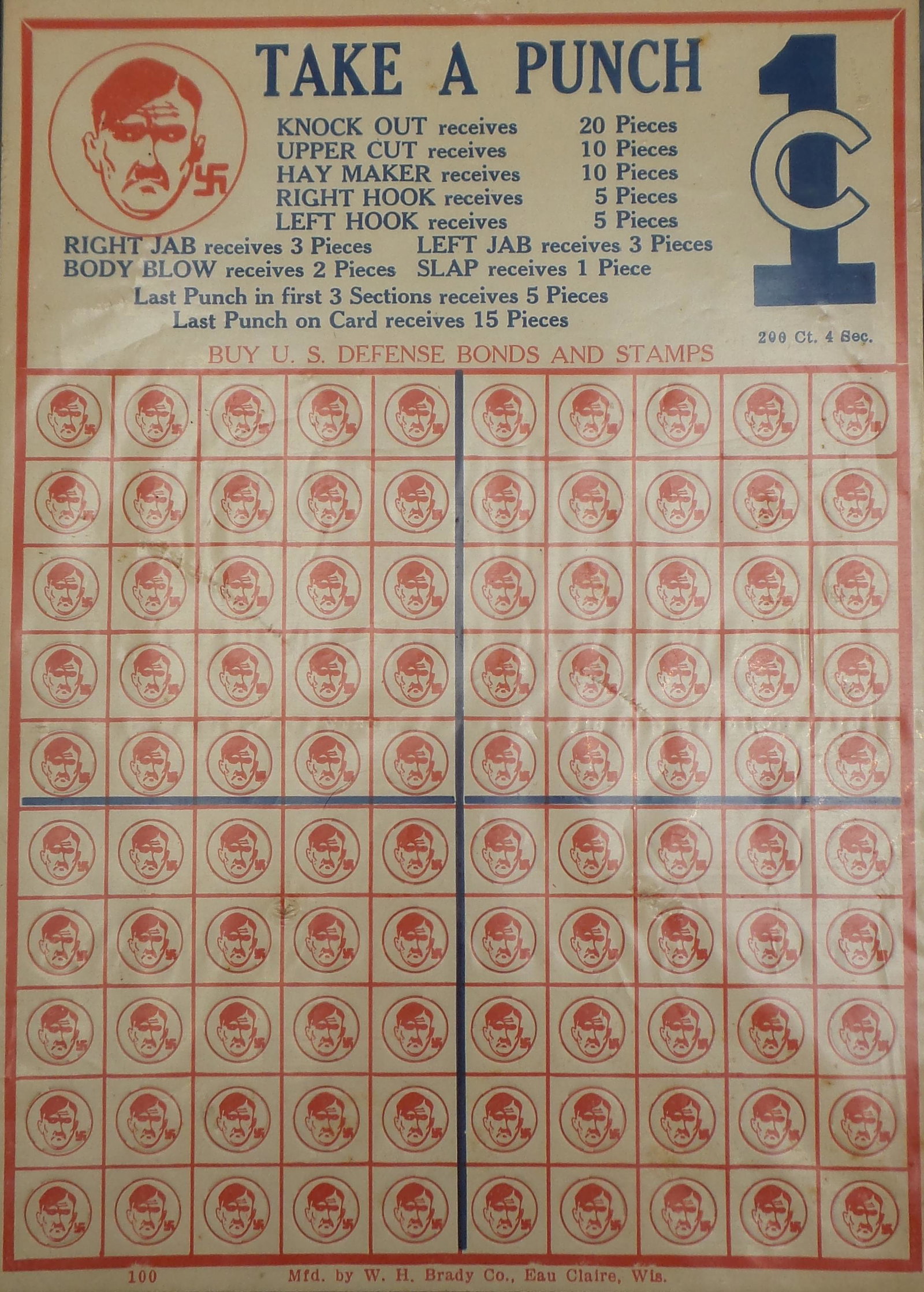 Vintage 1940s WWII "TAKE A PUNCH" Anti-Hitler Anti-Nazi Bar Game: This "TAKE A PUNCH" game measures approx. 7 1/2" x 9 1/4" and is constructed of cardboard. New, unused condition kept in protective plastic covers. We believe that the "pieces" it mentions are pieces 