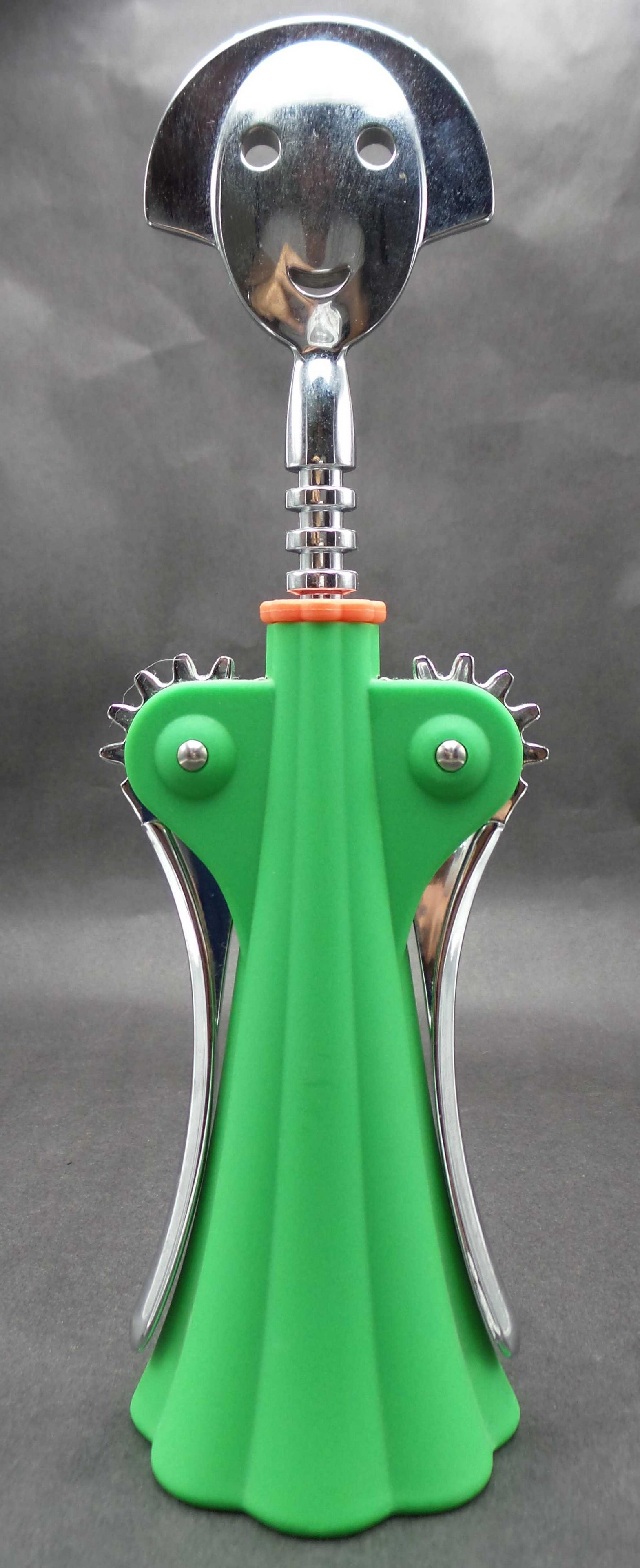 Stylish Vintage ALESSI Italy Green Plastic & Stainless Steel Corkscrew: Very decorative and functional Italian designer piece. Very good vintage condition with virtually no wear. Measures approx. 9 1/2" high. Signed.