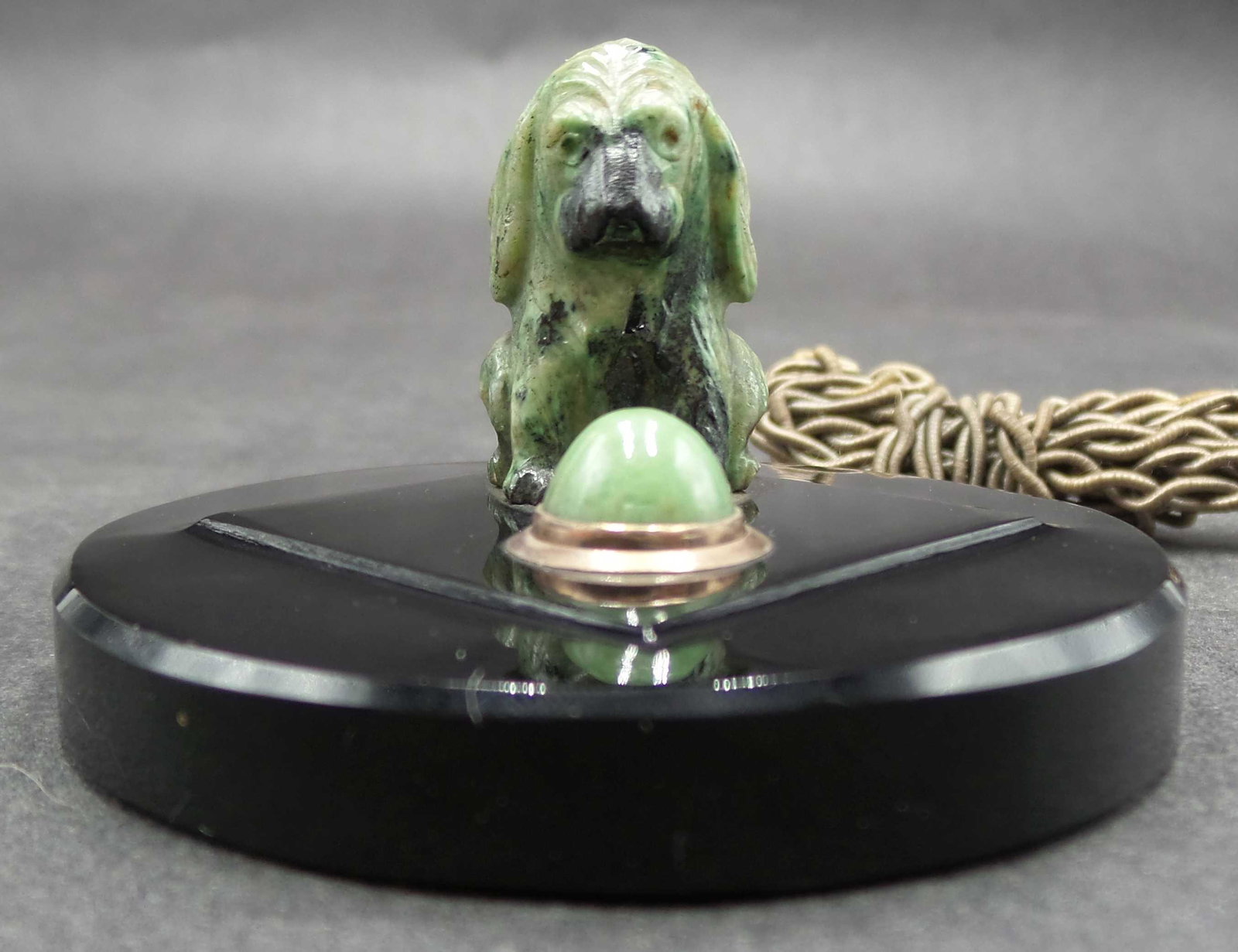 Antique ca. 1900 Servant Push Bell Ringer /w Jade Dog & Button on Black Onyx or Marble: Extremely rare piece in very good antique condition, no chips, cracks, or repairs. The piece measures approx. 2 1/2" in diameter x 1 1/2" high. Incredible piece!
