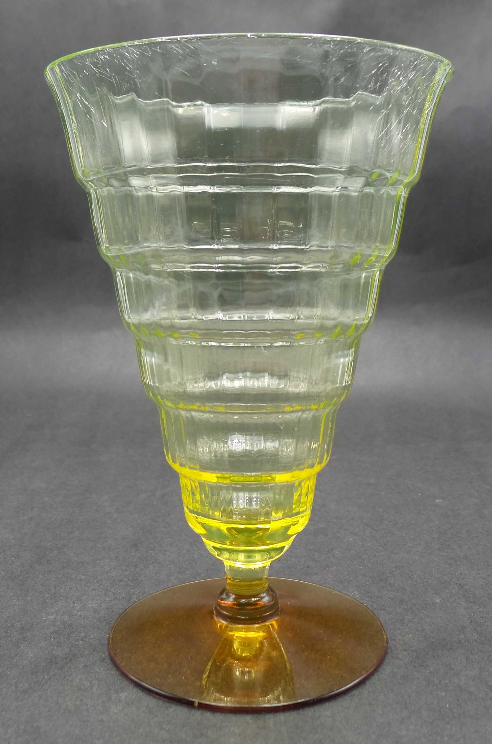 Vintage 1930s Art Deco UTILITY GLASS WORKS Cambodia Ware Amber Vaseline Uranium Glass Cocktail: Vintage 1930s green / amber vaseline uranium depression glass toasting / cocktail tumbler in the Cambodia Ware pattern in excellent condition. Measures 5 1/4" high. No chips or cracks; some crackling 
