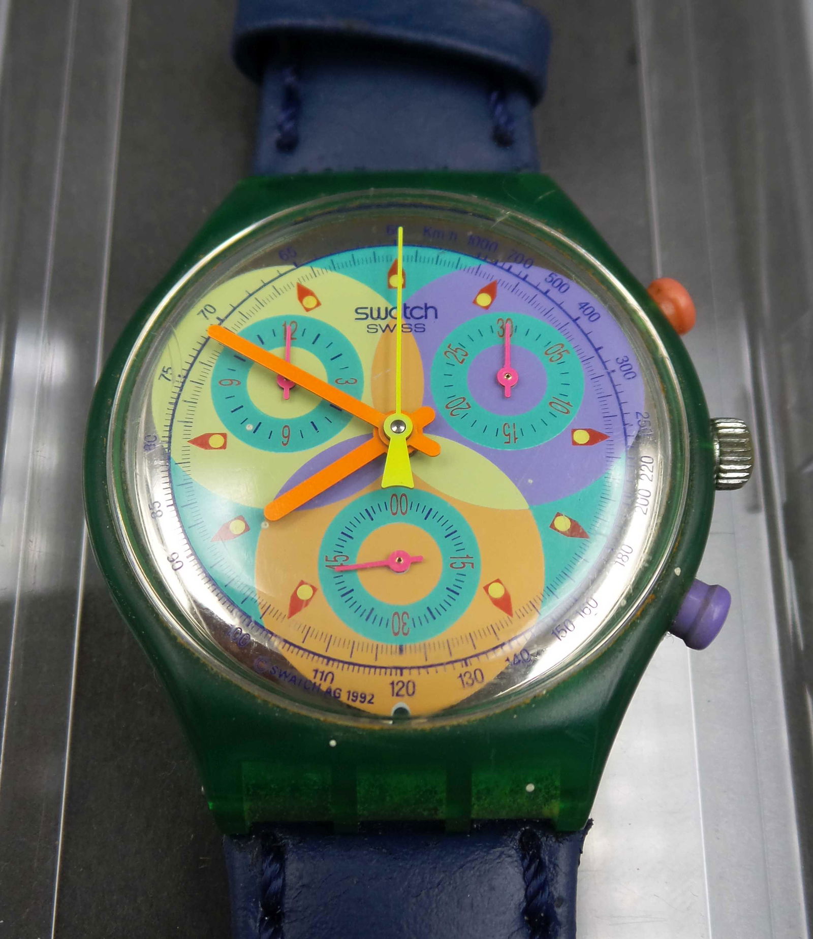 Vintage 1993 SWATCH SCL102 "Sound" Chronograph Watch: This Swatch watch was released in 1993. The Chrono (graph) line of watches were first released by Swatch in 1990 and discontinued in 1998, they were replaced by the â€œChrono Alarm” line of
