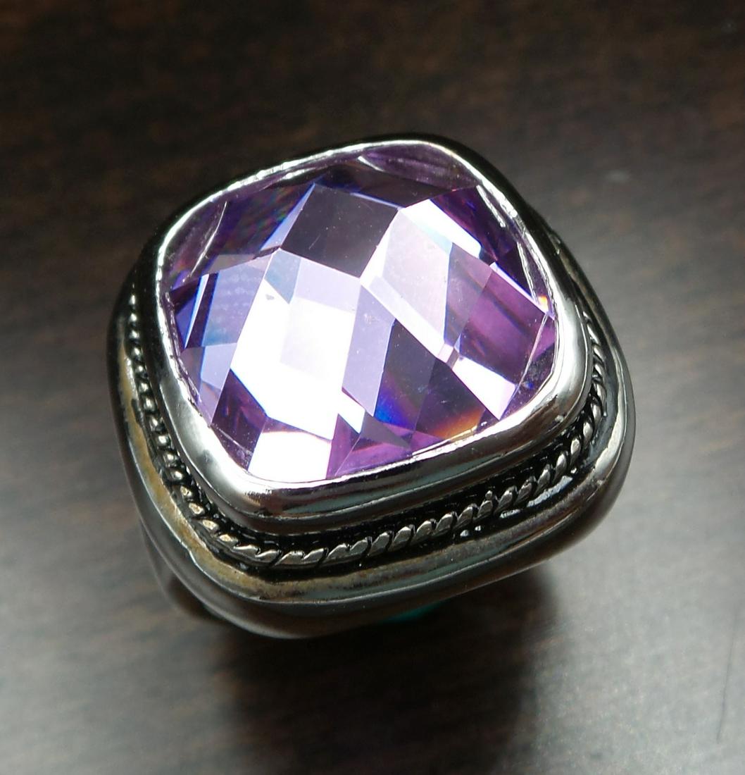 Vintage David Yurman Style Sterling Silver & Amethyst Cocktail Ring: This beautiful studio ring features a large pyramid cut Amethyst gemstone set in a stylish modern Sterling Silver frame. The gemstone measures approx. 9/16" x 9/16", the ring is a size 7.5 and weighs 