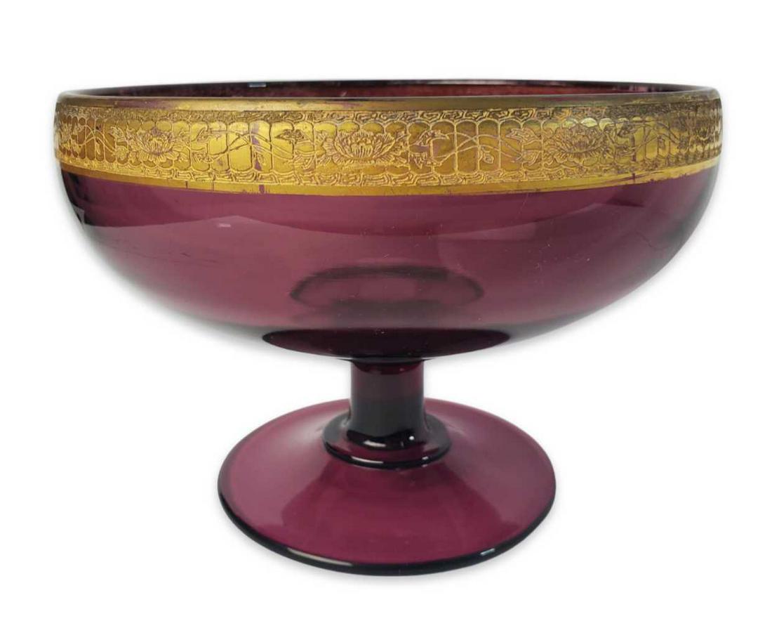 Vintage MOSER Style Purple Art Glass & Gold Painted Rim Footed Compote: Very good vintage condition, no chips, cracks, or repairs. Measures approx. 5 5/8" high x 8" in diameter (top). Very decorative piece!