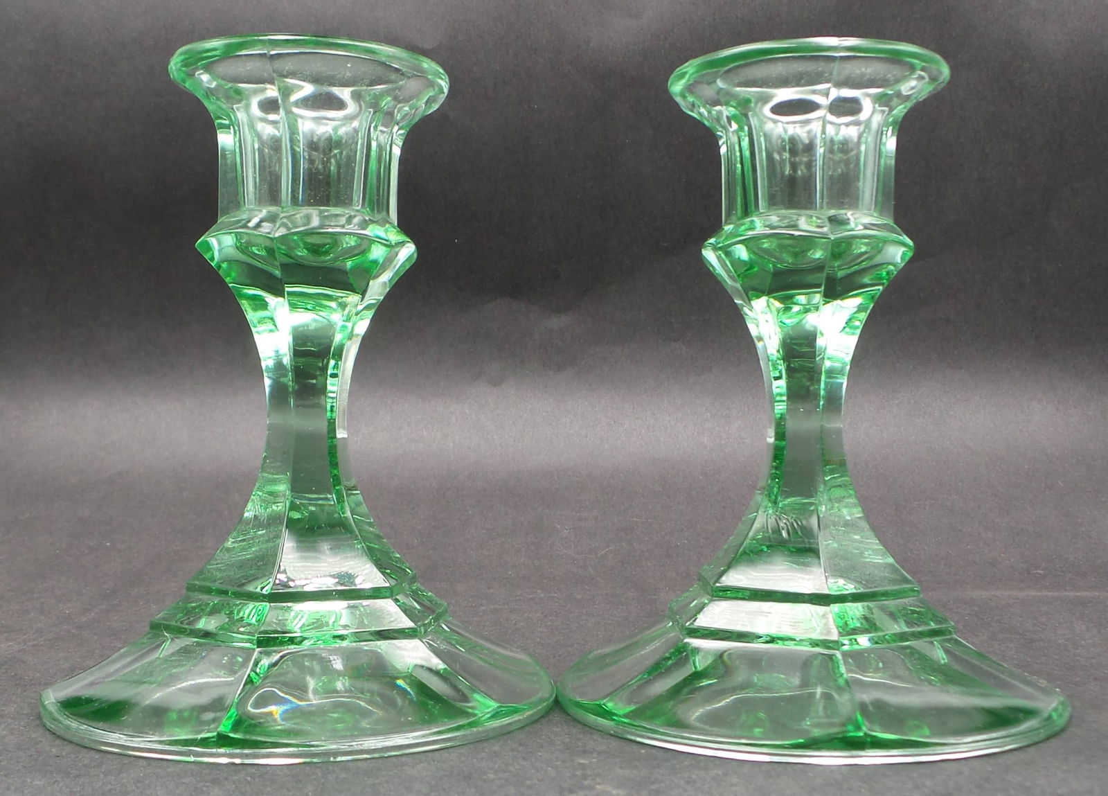 Pair of Vintage 1930s Art Deco Vaseline Uranium Glass Candle Holders (1 of 5)