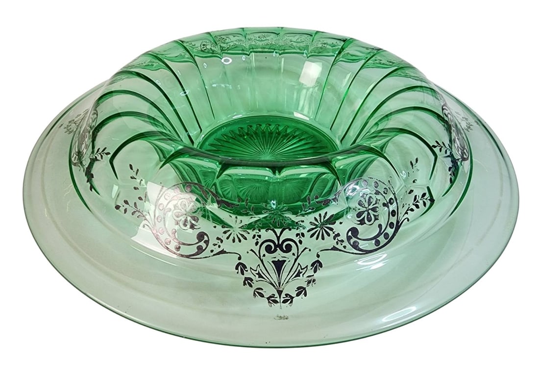 Vintage 1930s Art Deco Vaseline Uranium Glass & Silver Overlay Waterfall Bowl / Centerpiece (1 of 8)
