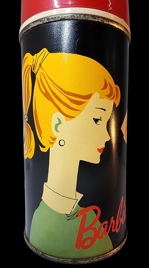 Vintage 1960s Mid-Century THERMOS BARBIE Holtemp Flask: Measures approx. 8" high x 3 1/8" in diameter. Missing the inside screw top.