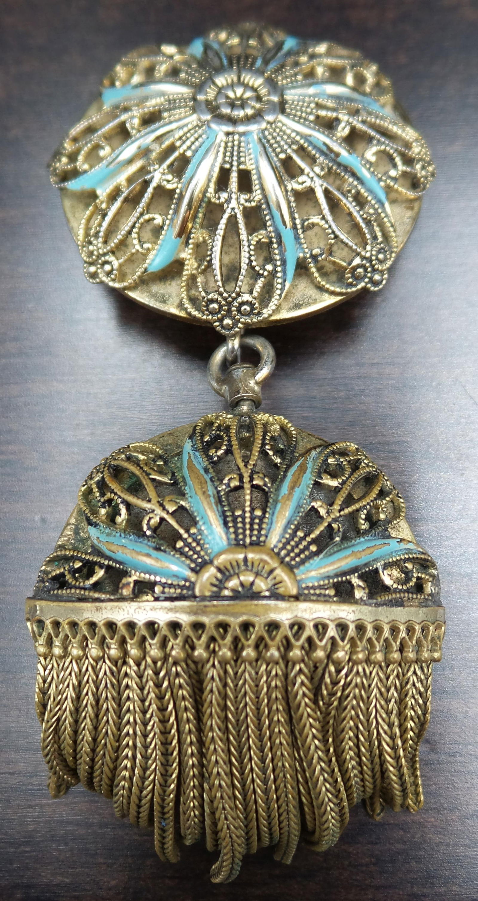 Antique ca. 1900 Enameled Brass Watch Pendant Brooch /w Tassels (1 of 8)