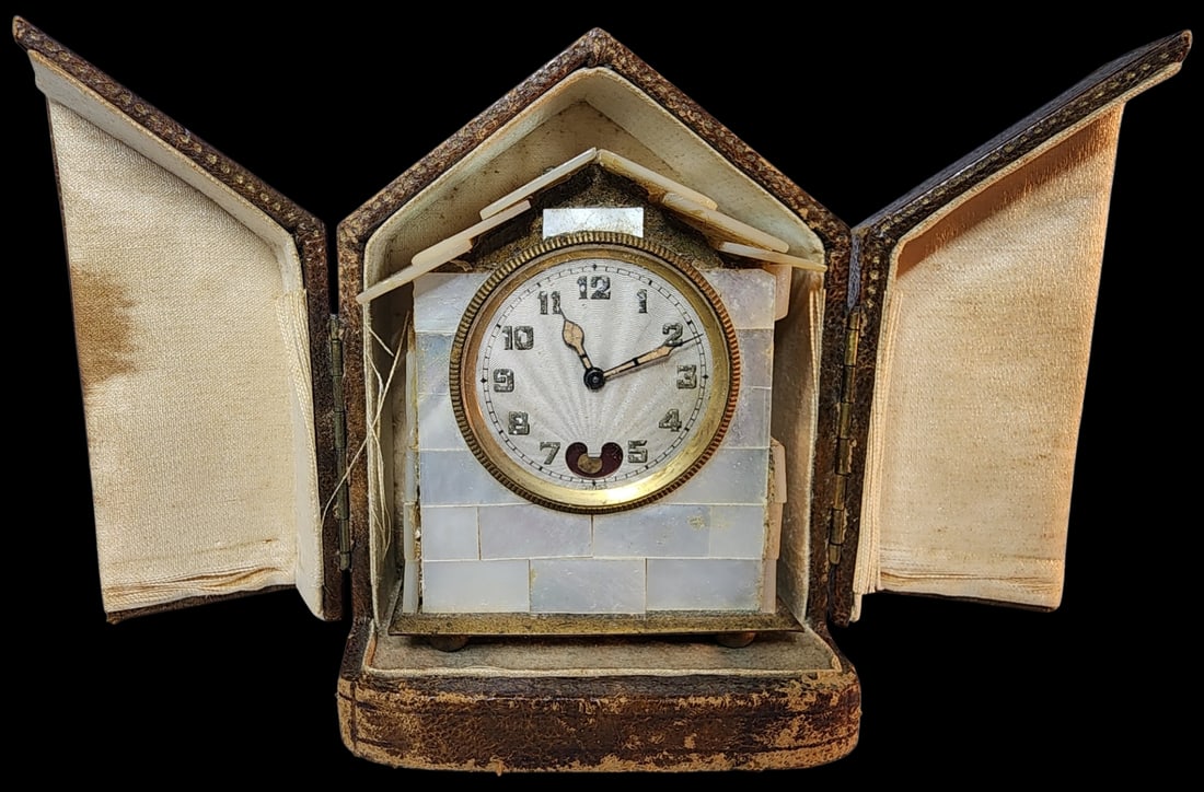 Antique LANCEL Switzerland Brass & Mother of Pearl Carriage Clock in Fitted Leather Box (1 of 7)