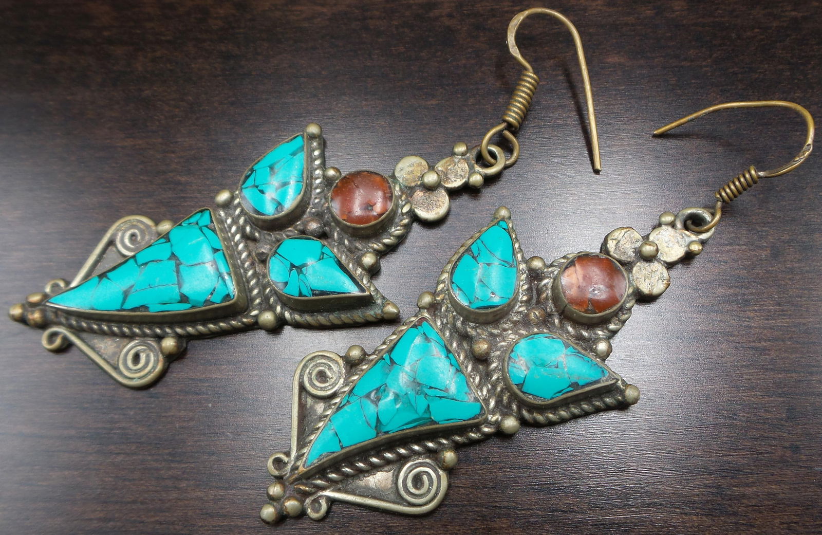 Pair of Vintage Southwestern Sterling Silver & Gemstone Earrings: These unusual pieces feature a Turquoise fragment mosaic, measure 3 1/4" long x 1 1/8" wide, and weigh ca. 29.5 grams. Stamped "925" for Sterling Silver.