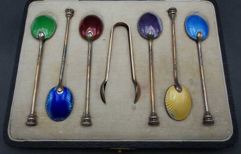 Vintage WILLIAM SUCKLING England Sterling Silver Enameled Espresso Spoon & Sugar Tong Set in Fitted: Great Espresso spoon set made by William Suckling around the 1930s in Birmingham, England. Good vintage condition with some enamel loss to a few spoons. Each spoon measures approx. 3 3/4" long and the