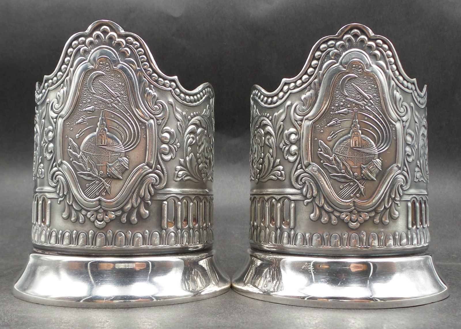 Pair of Vintage Soviet Russian USSR Melchior "Space Race" Silverplate Podstakannik Tea Glass Holders (1 of 13)
