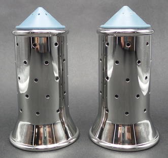 Vintage ALESSI Italy Stainless Steel Designer Salt & Pepper Shaker Set: Each measures approx. 4 1/2" high with a base diameter of 2 1/2".