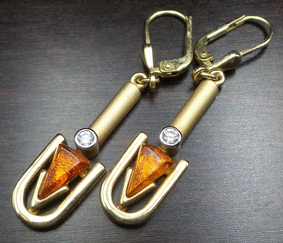 Unusual Vintage Mid-Century Gilt Sterling Silver & Rhinestone Designer Earrings (1 of 8)