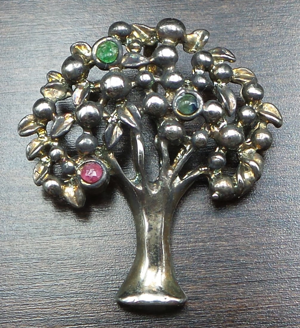 Vintage European Sterling Silver, Ruby, Emerald & Sapphire Tree Pendant Charm (1 of 5)
