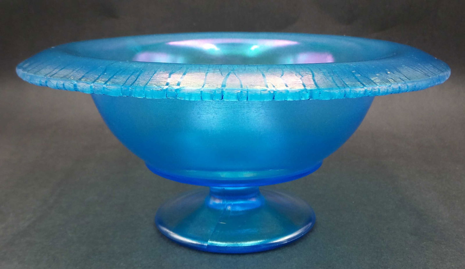 Vintage Iridescent Celeste Blue Stretch Glass Rolled Rim Bowl (1 of 9)
