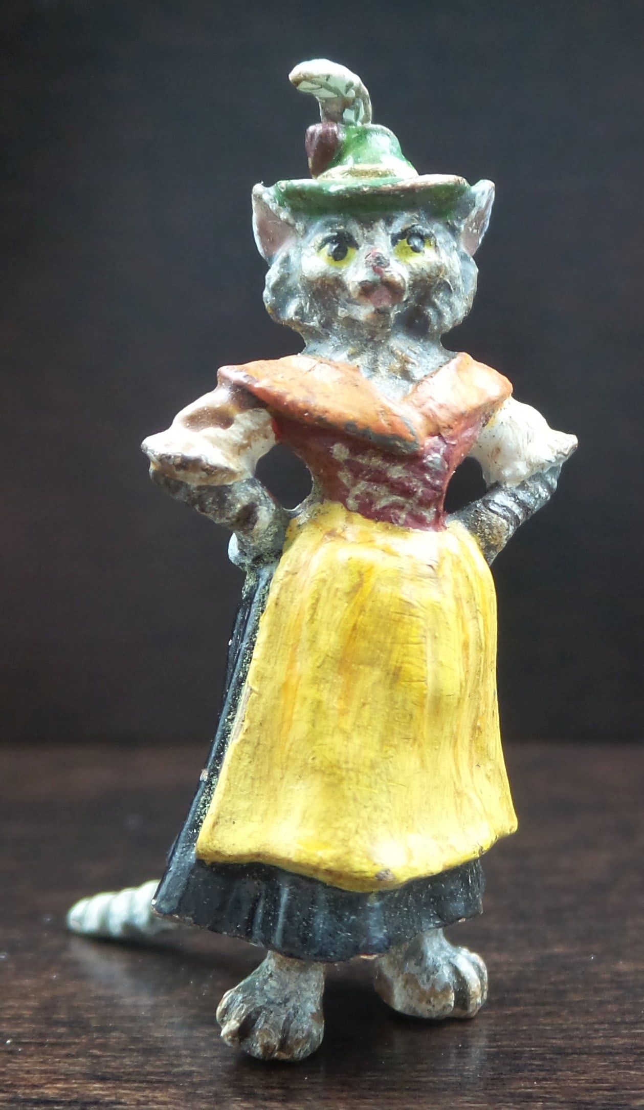 Antique FRITZ BERMANN Austria Cold Painted Bronze Dressed Cat Figurine: Beautiful little figurine with great detail and colors. Good antique condition with some paint wear according to age. Measures approx. 7/8" long x 1 1/2" high x 5/8" wide. Marked on the bottom.