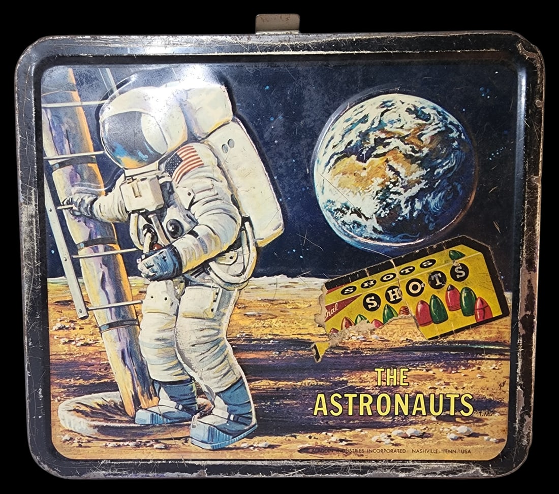 Vintage 1960s Mid-Century ALADDIN ASTRONAUTS Lunch Box: The box measures approx. 8 1/4" long x 8" wide x 4" high (with handle folded down).