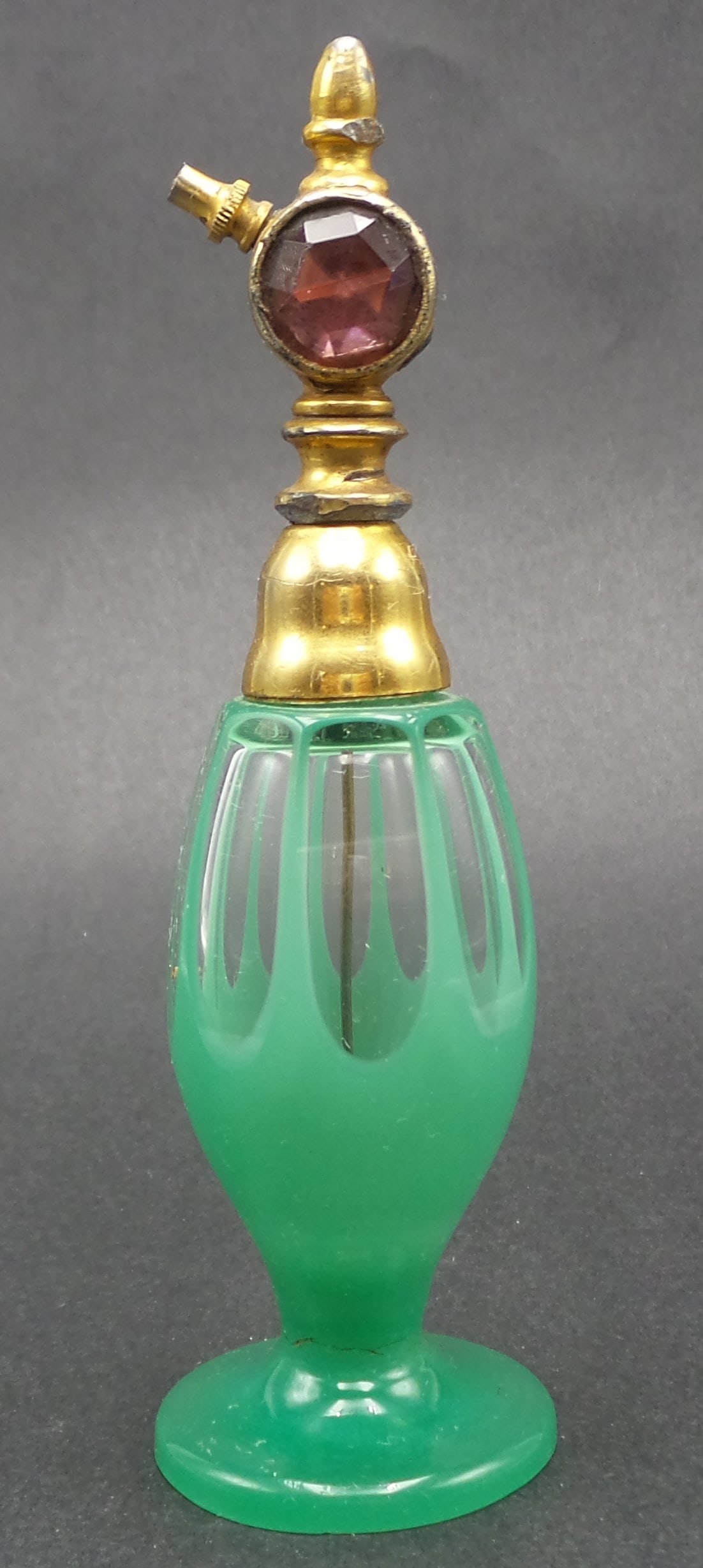 Antique Bohemian Green Cut-to-Clear Crystal Perfume Bottle /w Purple Glass Stone & Brass (1 of 11)