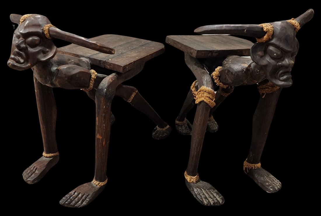Pair of Antique African Surreal Hand Carved Wood Tribal Shaman Chairs / Stools (1 of 4)
