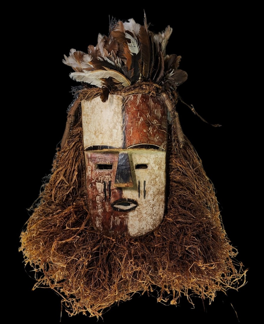 Large Antique African Hand Carved Wood Mask /w Beard & Feathers (1 of 10)