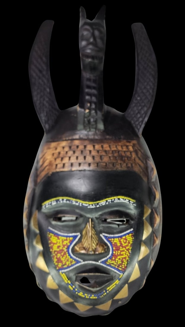 Antique African Hand Carved Wood and Beadwork Mask (1 of 6)