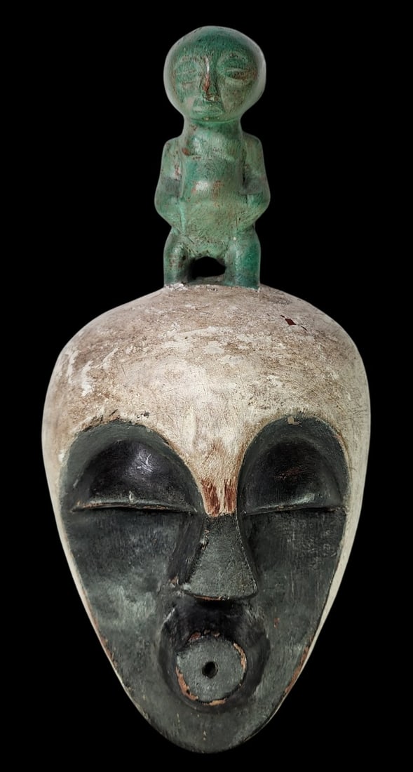 Antique African Hand Carved Wood "Little Green Man" Mask (1 of 7)