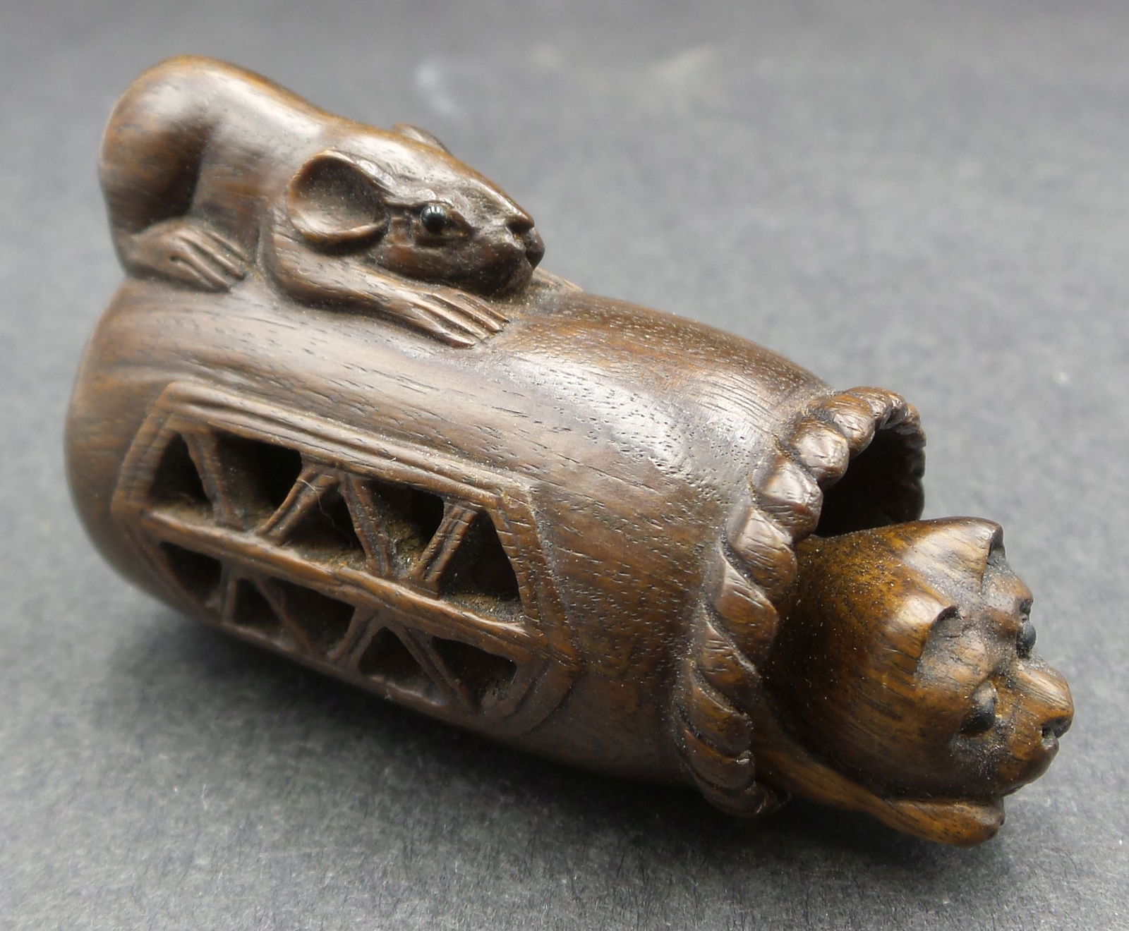 Antique ca. 1900 Hand Carved Wood Japanese Cat & Mouse Netsuke - Signed (1 of 4)