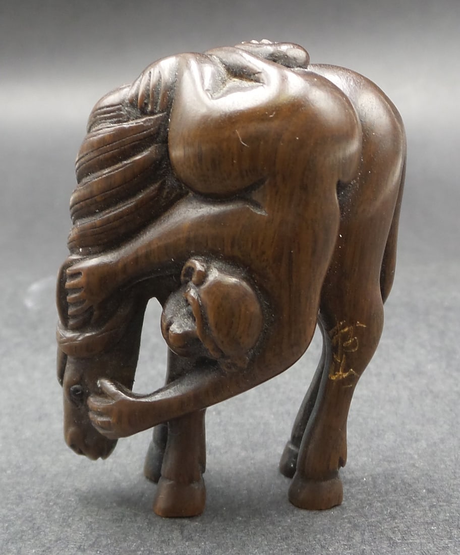 Antique ca. 1900 Hand Carved Wood Japanese Horse & Monkey Netsuke - Signed (1 of 6)
