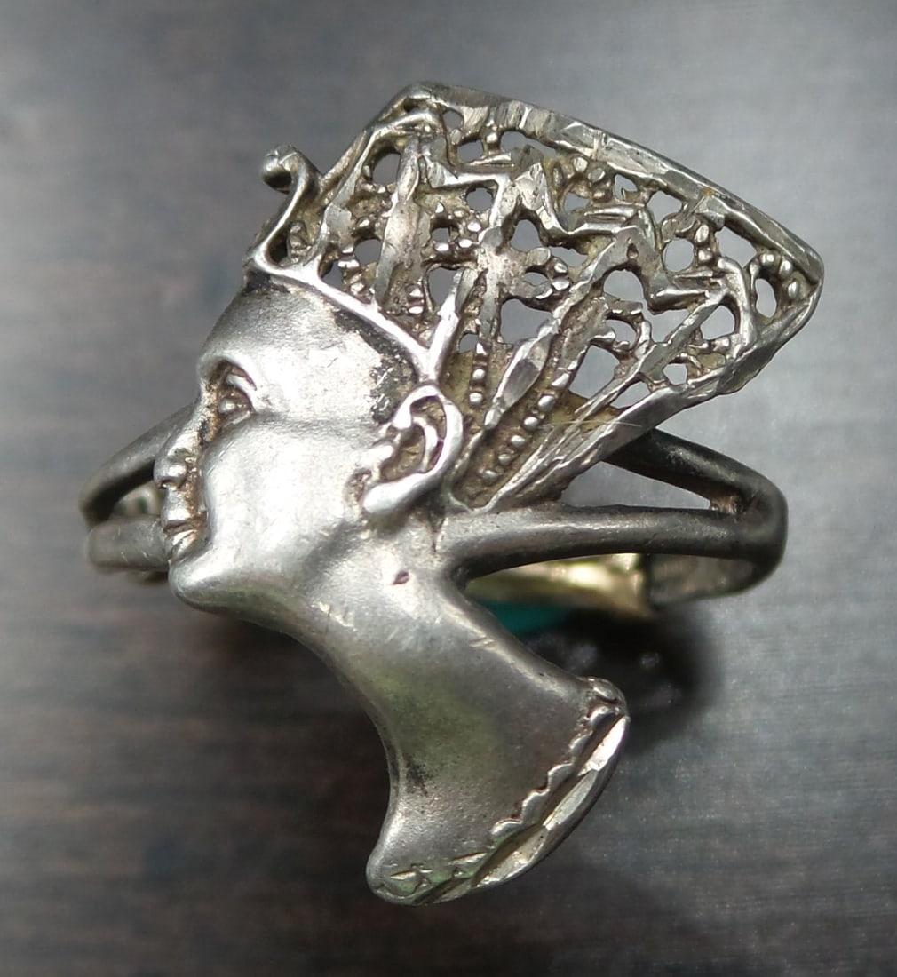 Antique ca. 1920 Egyptian Revival Nefertiti Sterling Silver Ring (1 of 5)