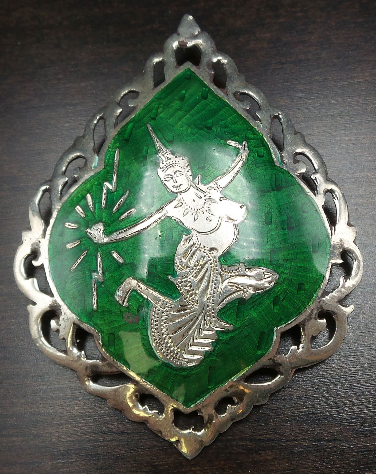 Vintage ca. 1930 Siamese Sterling Silver & Green Enamel Temple Dancer Pendant (1 of 8)