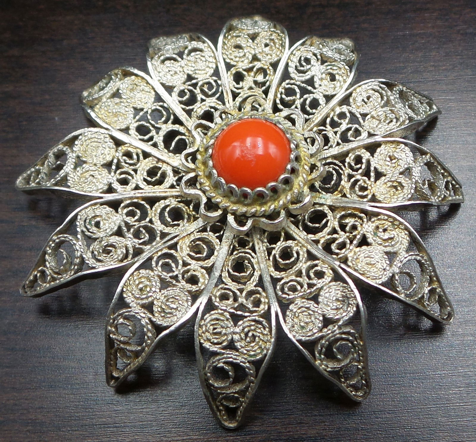 Antique European 800 Silver & Coral Star Pendant / Brooch (1 of 6)