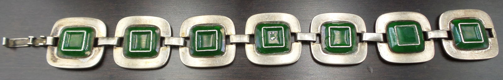 Vintage Bauhaus Style European 835 Silver & Green Enamel Panel Bracelet (1 of 5)