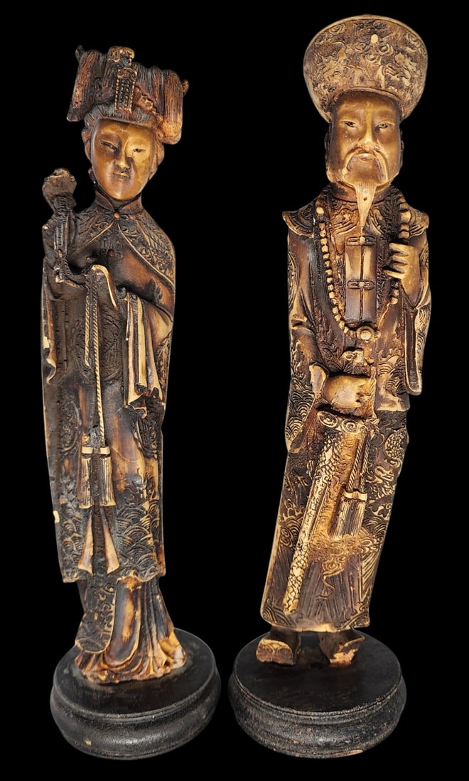 Pair of Vintage Asian Resin Figurines on Wood Bases: Each measures approx. 10 1/2" high x 3" in diameter (base). Good vintage condition with minor wear according to age. No chips, cracks, repairs. The lady is missing a small piece of the rope.
