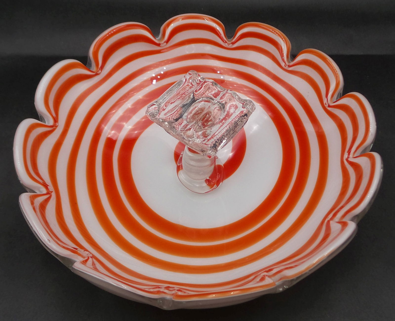 Vintage 1970s European Mid-Century Red & White Swirl Art Glass Ashtray (1 of 10)
