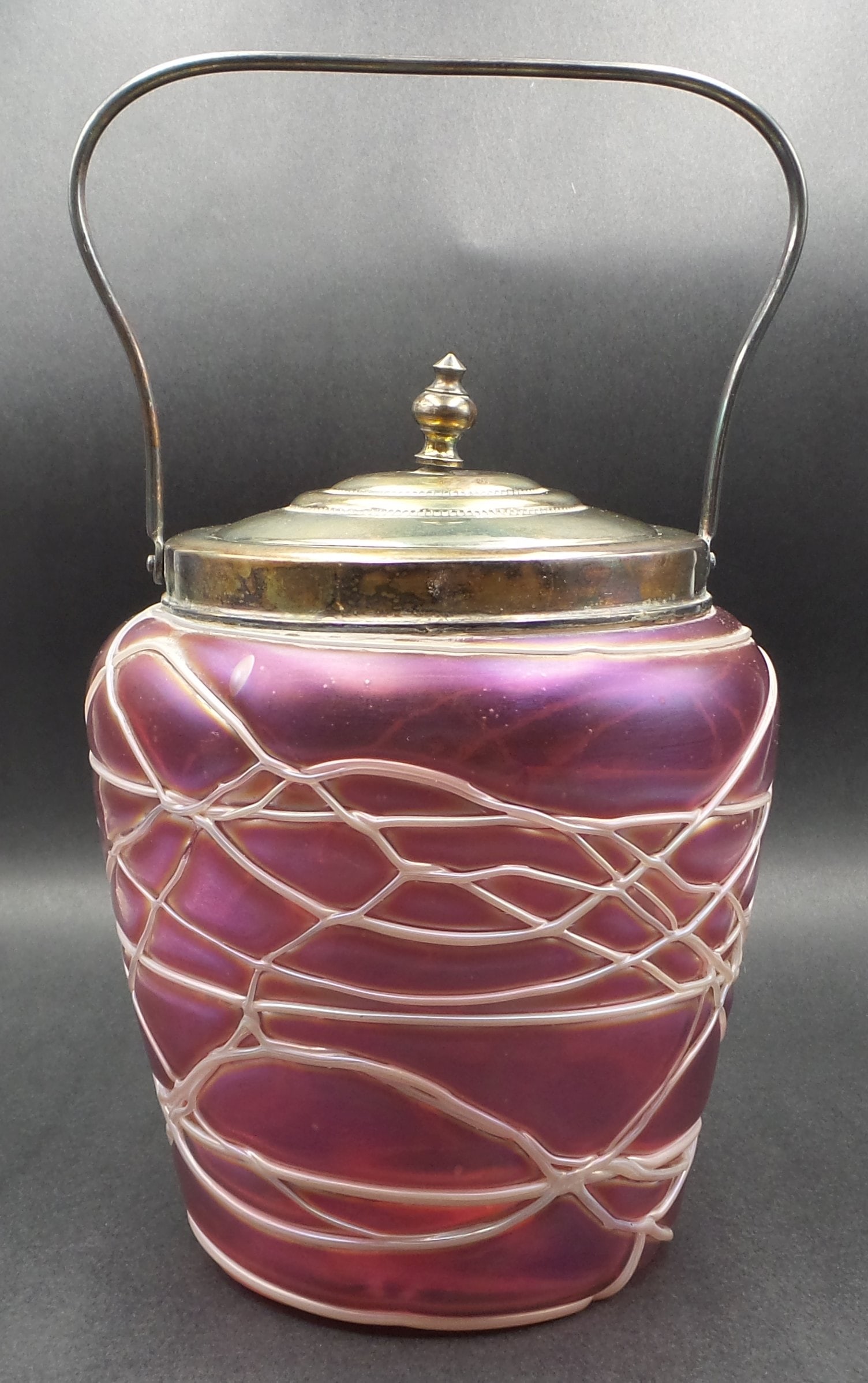 Ca. 1900 Art Nouveau Bohemian Threaded Pink Satin Glass Biscuit Barrel Jar attrib. to LOETZ: This outstanding and gorgeous Art Nouveau Pink Satin Glass Biscuit Jar was likely made by LOETZ around 1900. It is in very good antique condition, no chips, cracks, or repairs. Measures approx. 9 1/2"
