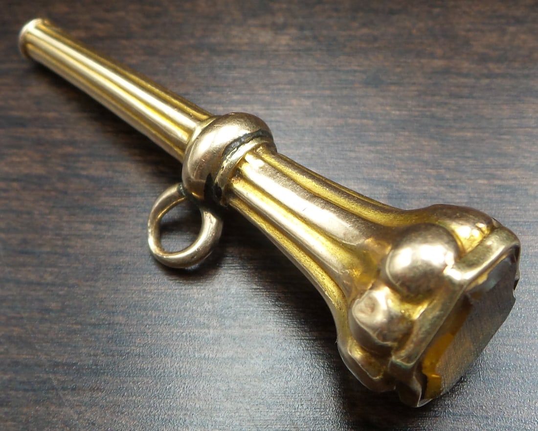 Antique Ca. 1900 Gold Plated & Madeira Citrine Pocket Watch Winding Key (1 of 4)