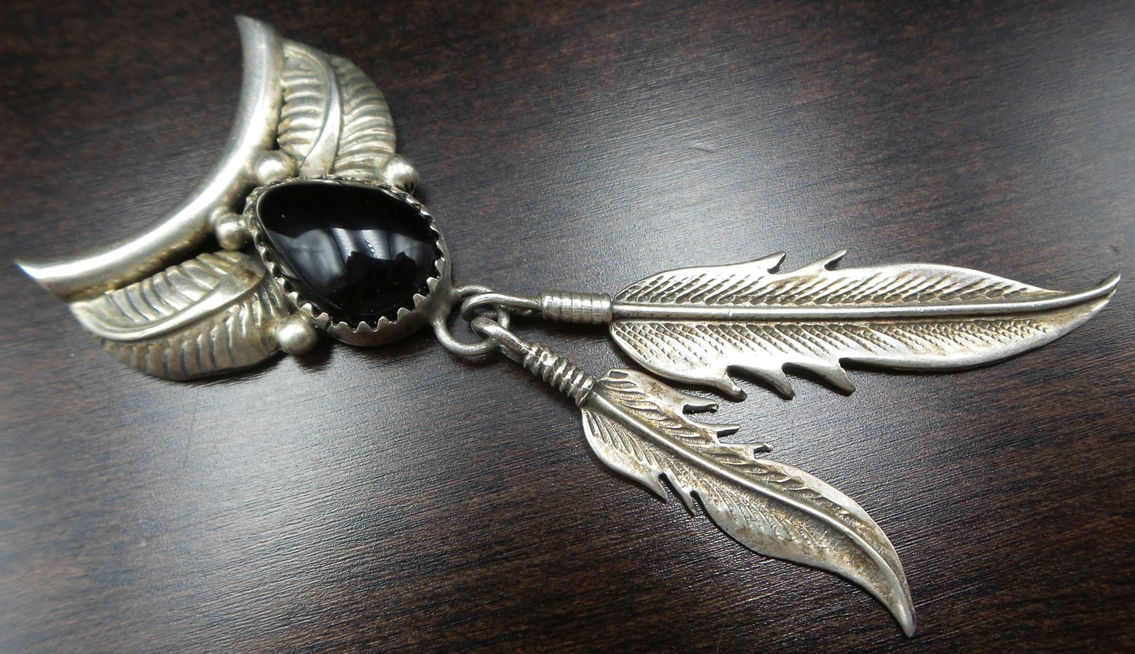 Vintage Native American Sterling Silver & Black Onyx Feather Pendant - Signed (1 of 4)