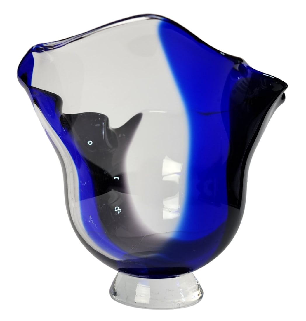 Vintage LARS HELLSTEN for ORREFORS Art Glass Cobalt Blue & Clear Bowl: Rare designer piece. Measures approx. 6" tall x 7 1/2" wide x 7" deep. Very good vintage condition with no chips, cracks, or repairs. Signed.