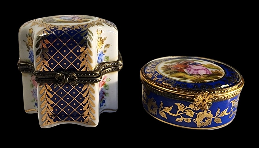 Lot of 2 LIMOGES Blue Floral Porcelain Trinket Boxes: The larger one measures approx. 2" high x 2" in diameter.