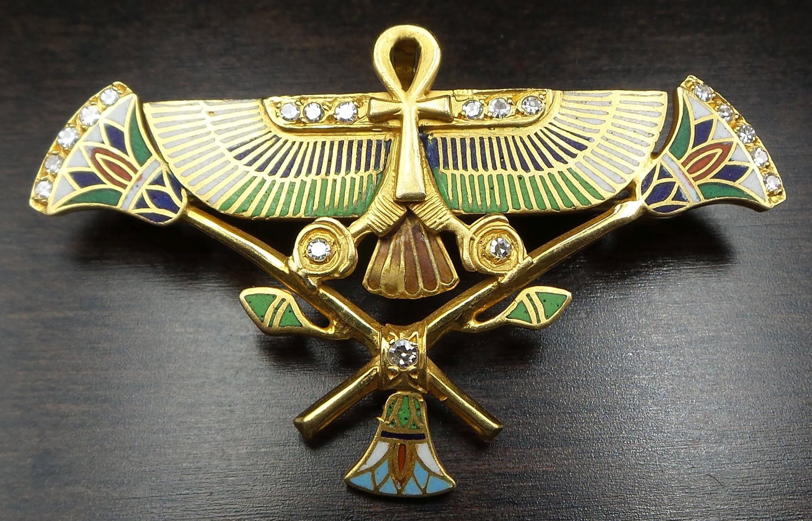 Rare ca. 1930 Art Deco 18K Gold, Diamond & Enamel Egyptian Revival "Ankh" Eternal Life Brooch /: Very good antique condition with very minor enamel loss and no damage or missing stones. Measures approx. 1 7/8" wide x 1 1/8" high and weighs ca. 8.2 grams. Tested for 18K gold and carrying Egyptian 