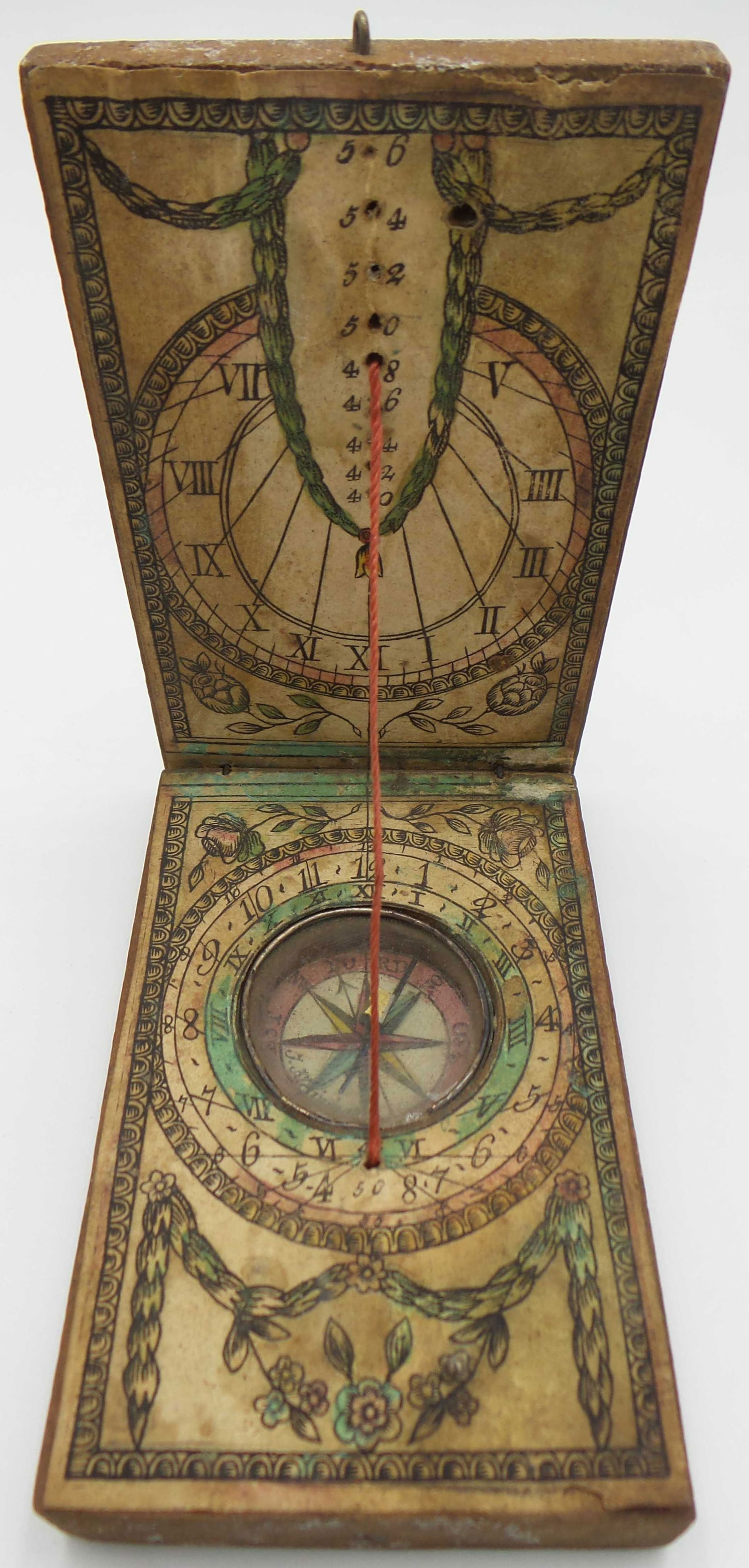 Antique ca. 1750 European Wood & Paper Compass & Sun Dial Clock (1 of 13)