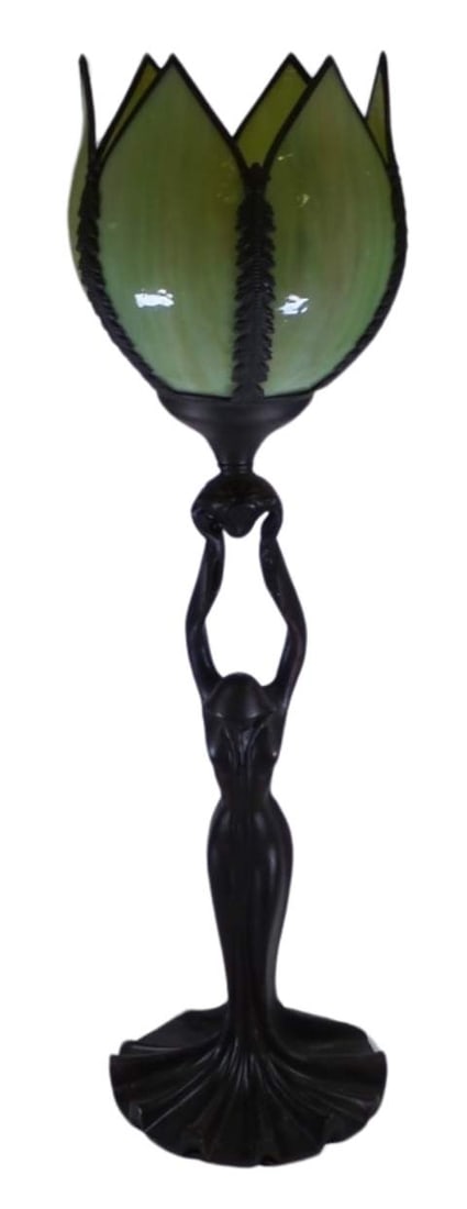 Vintage Art Nouveau Style Bronzeated Metal & Stained Glass Table Lamp (1 of 8)