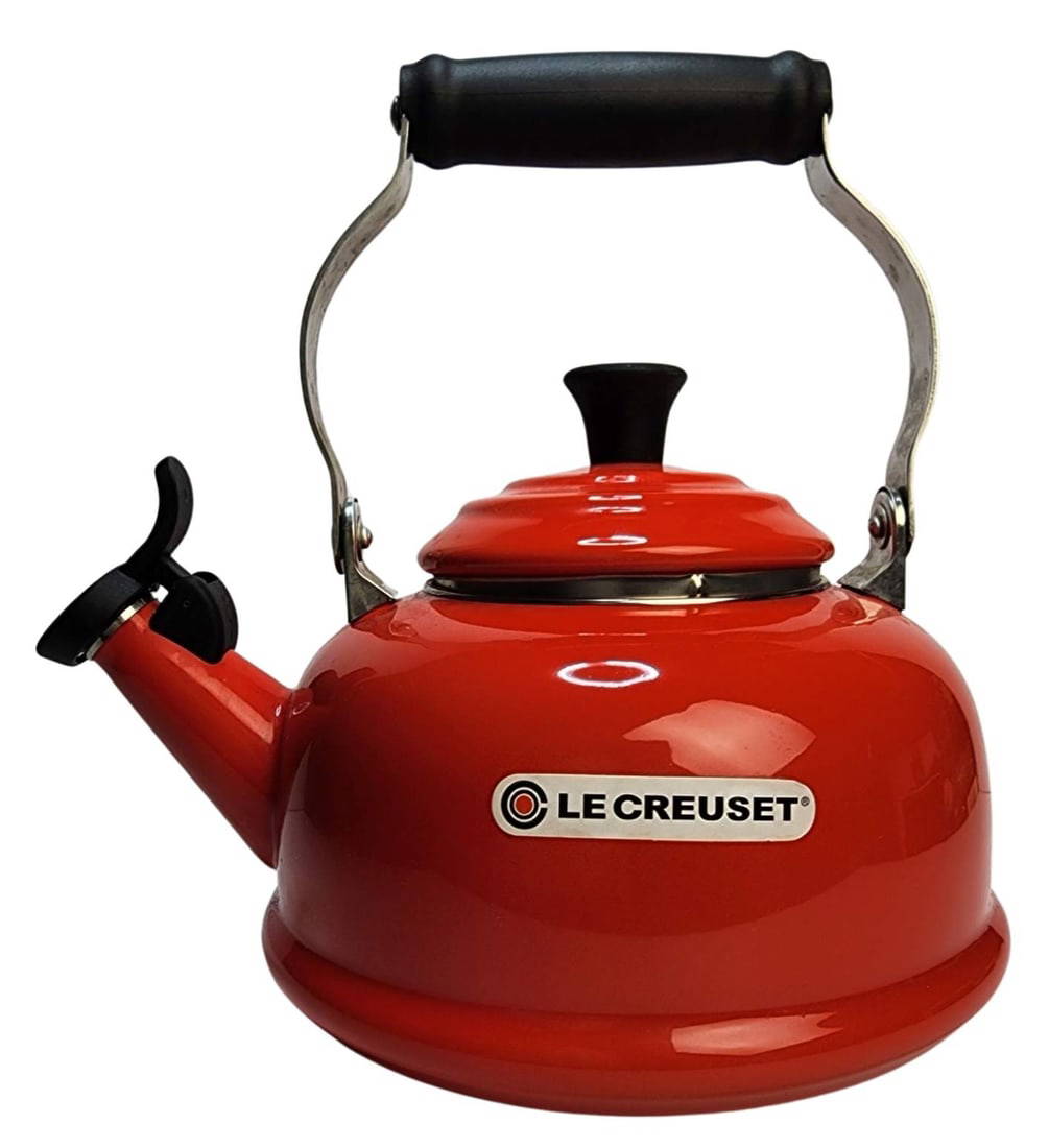 Vintage Le Creuset Stainless Steel & Cherry Red Enamel Whistling Teapot